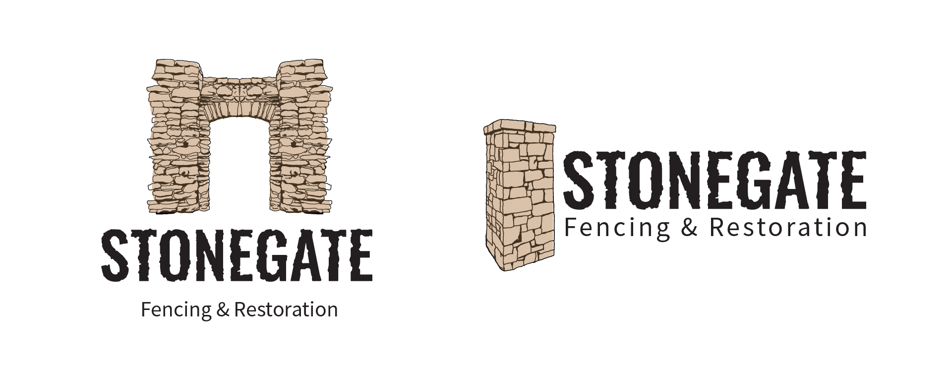 Stonegate Fencing and Restoration logo with hand-drawn stone gate mark and bold serif type for an Idaho small business brand