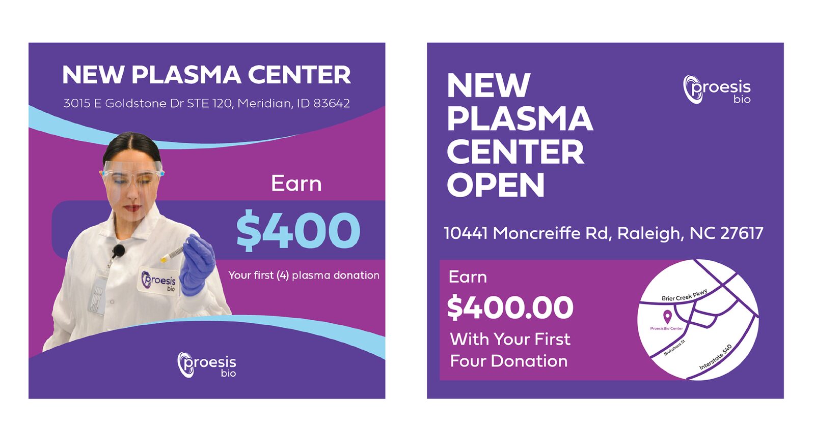 ProesisBio summer Meta advertising campaign creative for a new plasma donation center, run on Facebook and Instagram