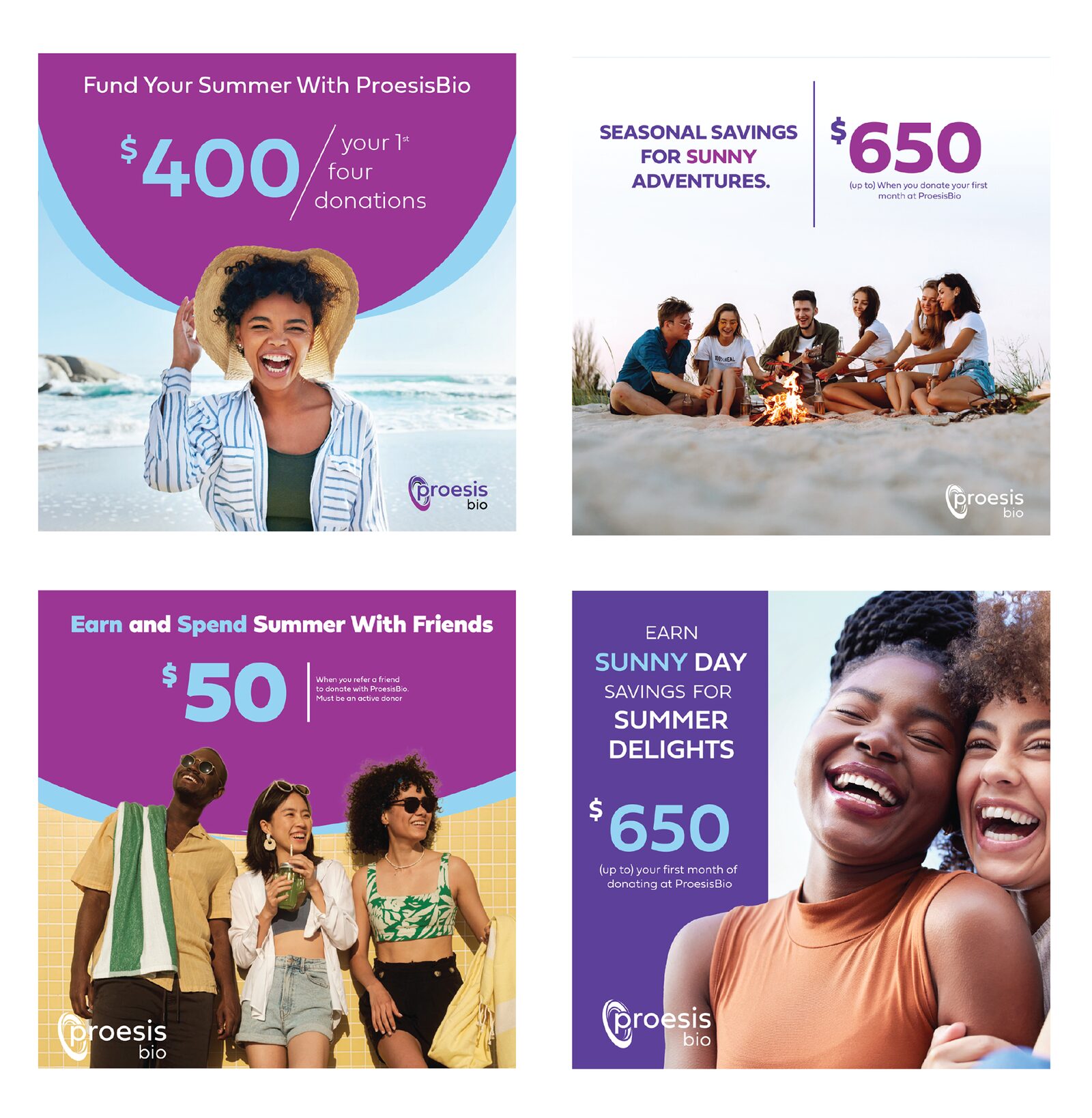 ProesisBio seasonal savings Meta ad creative with bright colorful design promoting donor incentives on Facebook and Instagram