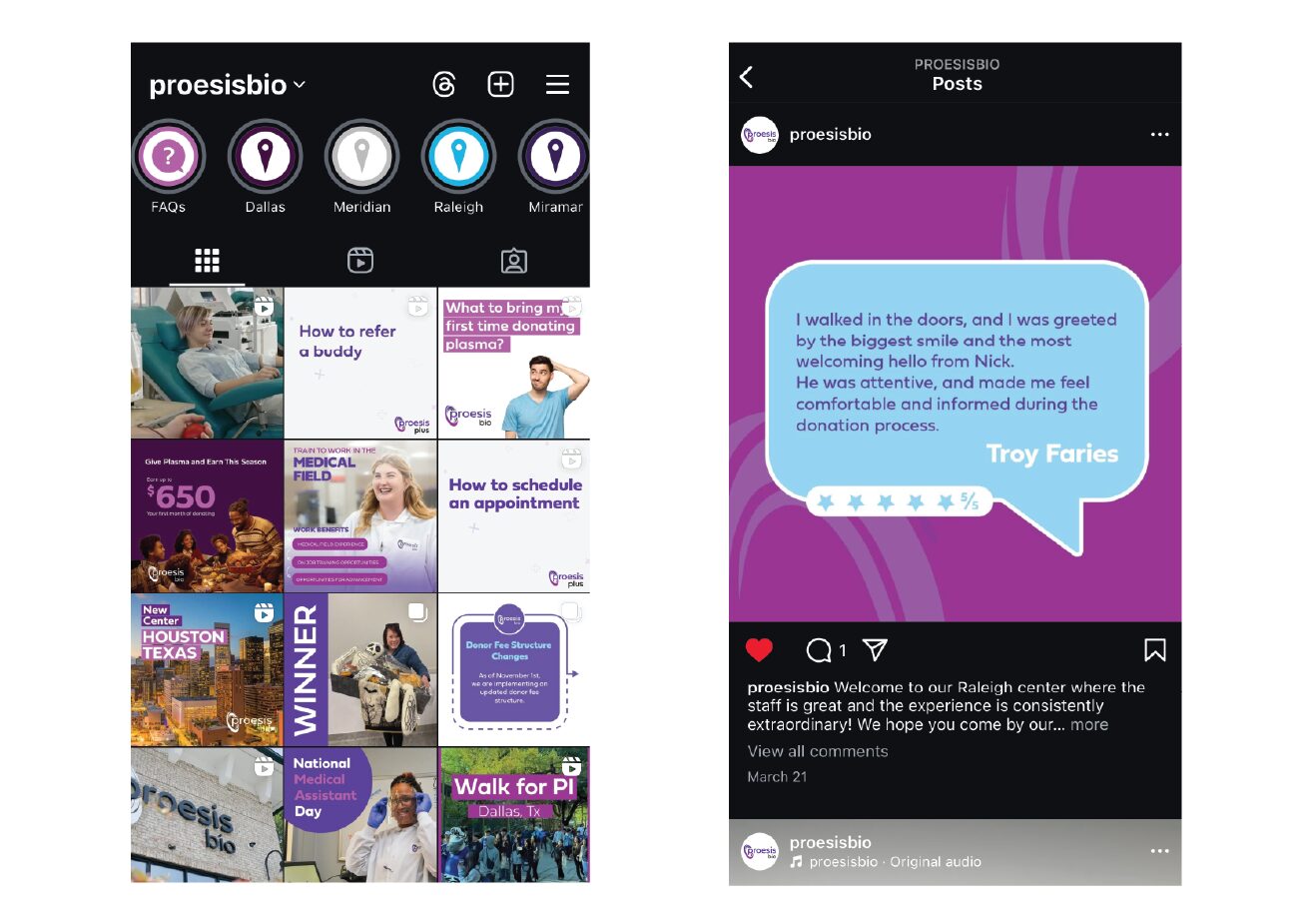 ProesisBio plasma donation center social media marketing content and branded posts managed by a Boise Idaho digital marketing agency